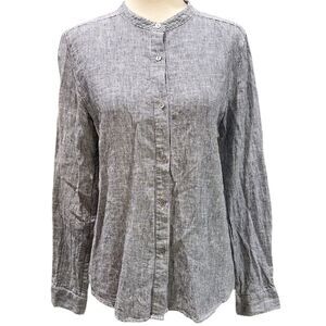 Button-Up Shirt Eileen Fisher Navy Striped Organic Cotton Hemp Mandarin Collar